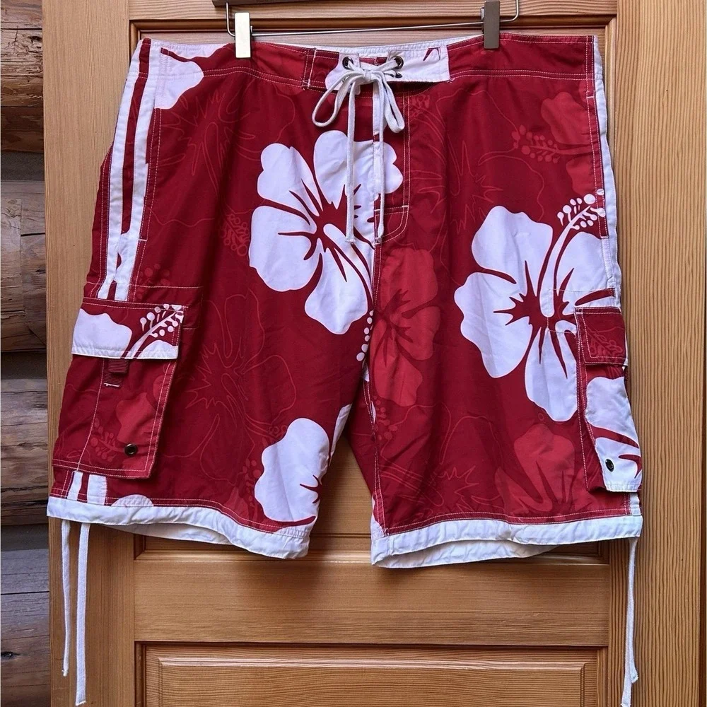 VTG Brents Surf Wear Swim Cargo Board Shorts Mens XL Lined Red Hawaiian Beach